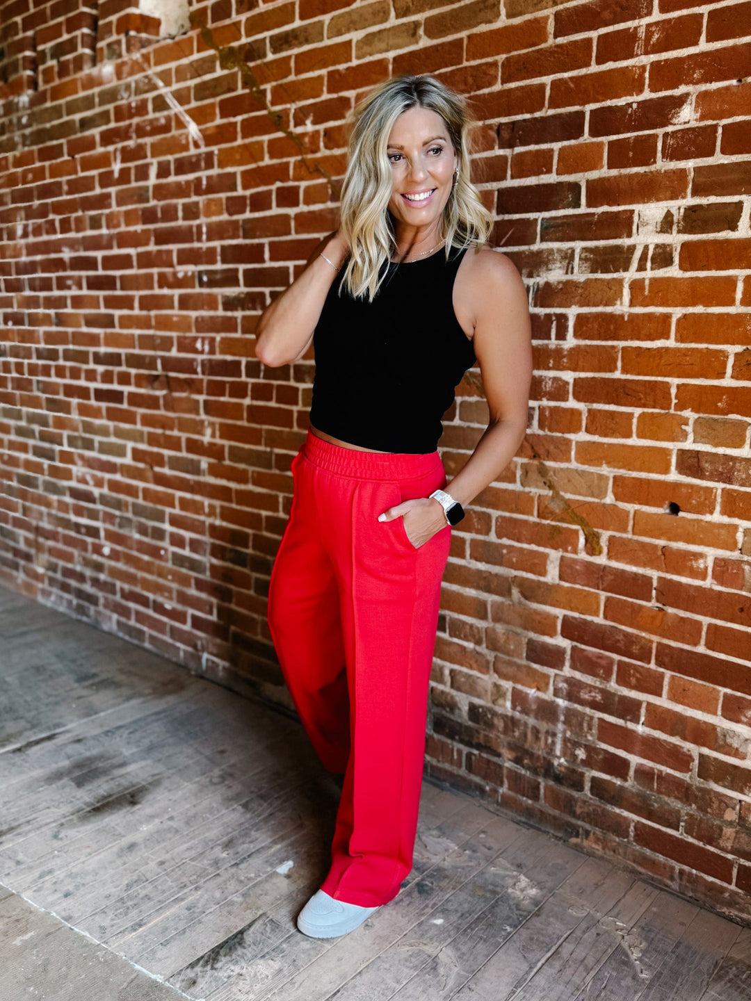 Elevate Scuba Pintuck Straight Leg Pants, Red