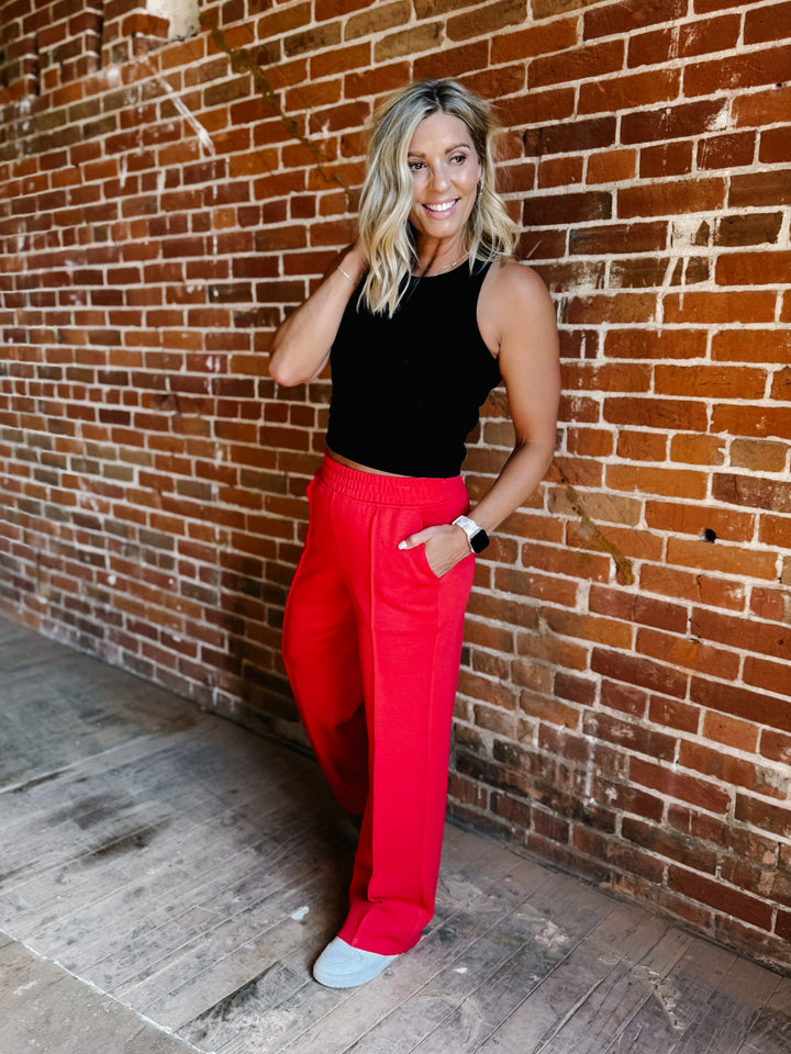 Elevate Scuba Pintuck Straight Leg Pants, Red