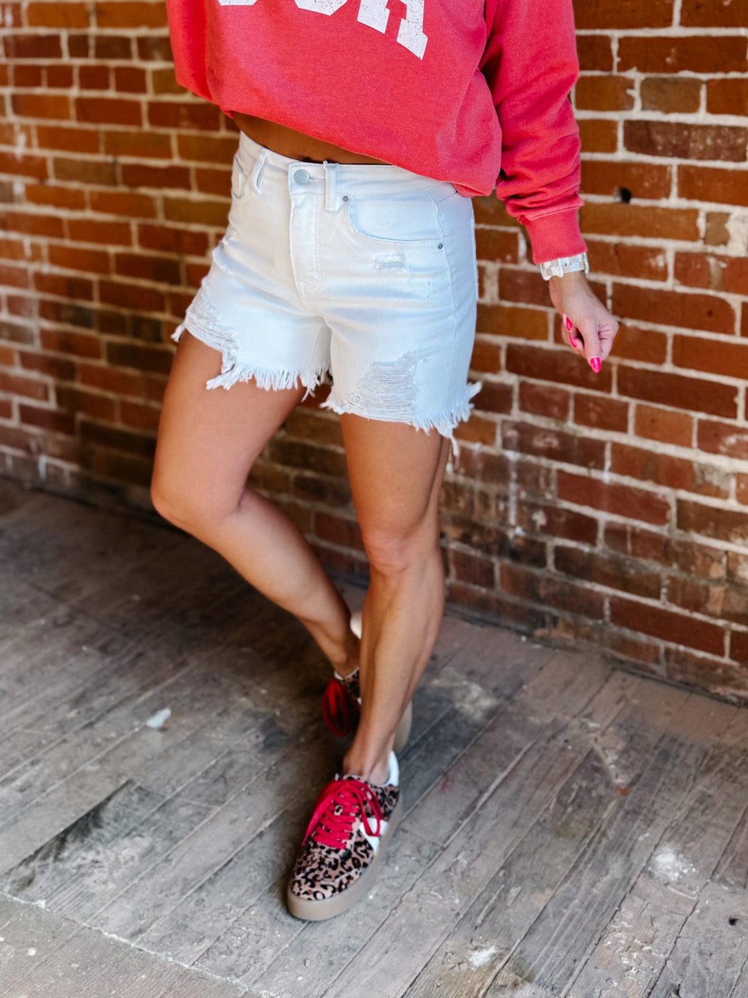 Ember Tummy Control High Rise Distressed Shorts, White