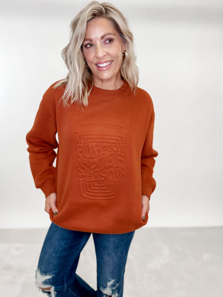 Embossed Pumpkin Spice Latte Sweatshirt, Burnt Orange