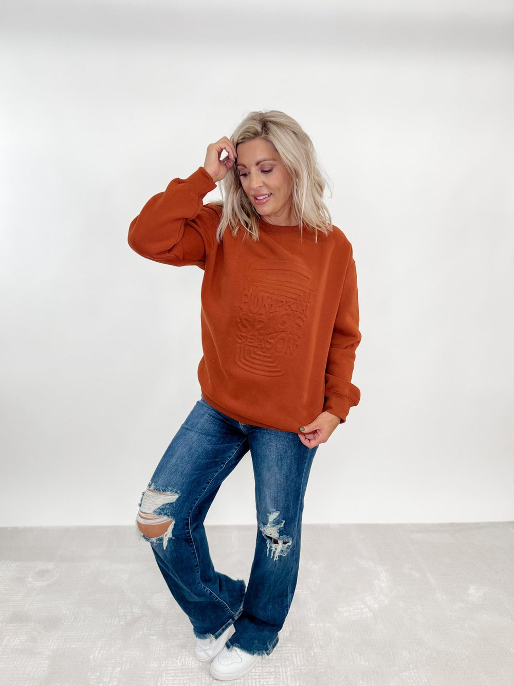 Embossed Pumpkin Spice Latte Sweatshirt, Burnt Orange