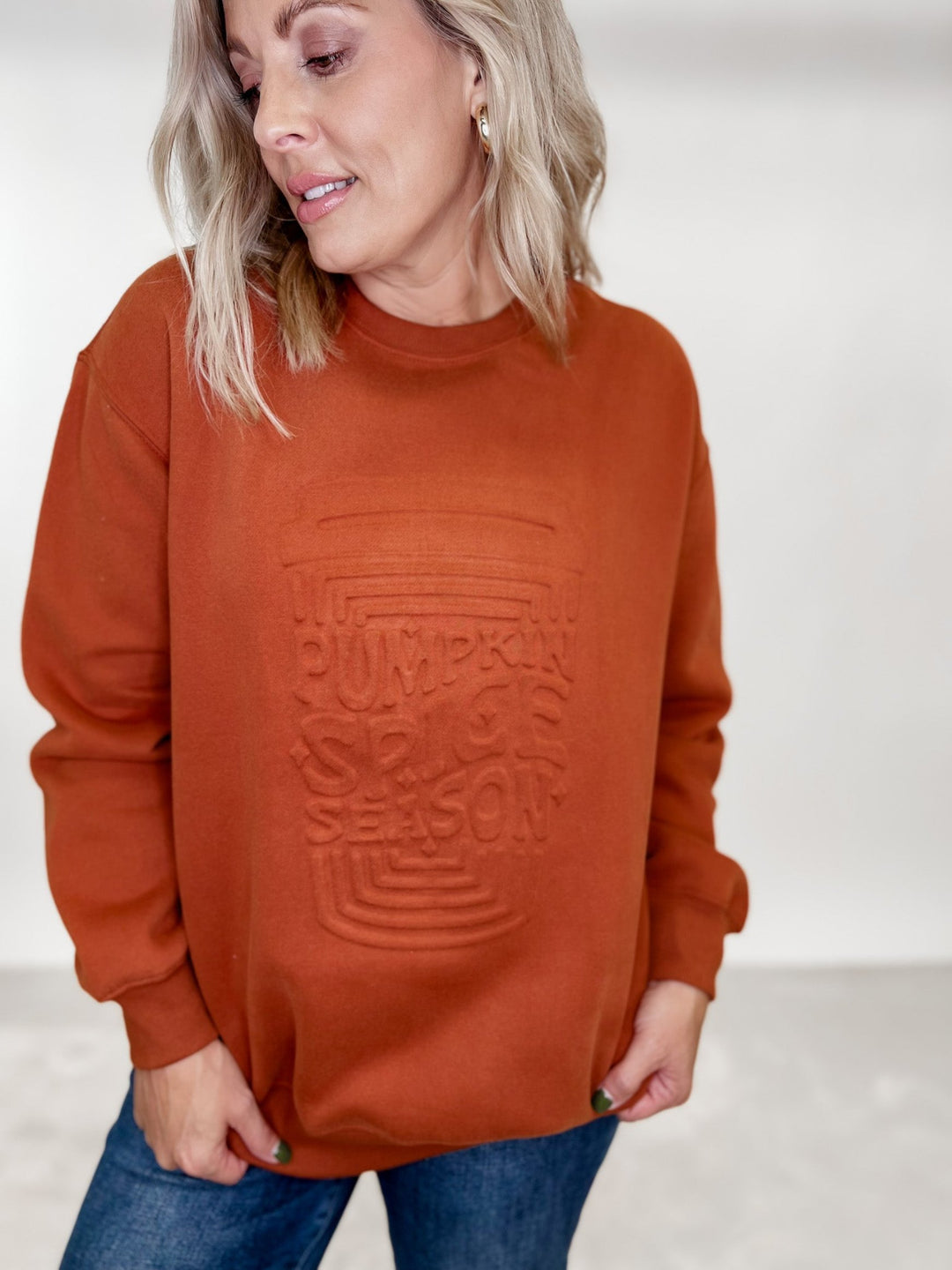 Embossed Pumpkin Spice Latte Sweatshirt, Burnt Orange