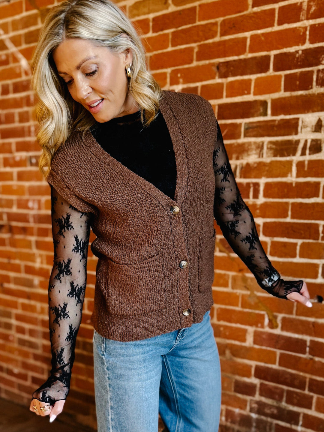 Emma Sleeveless Cardigan, Coffee Bean