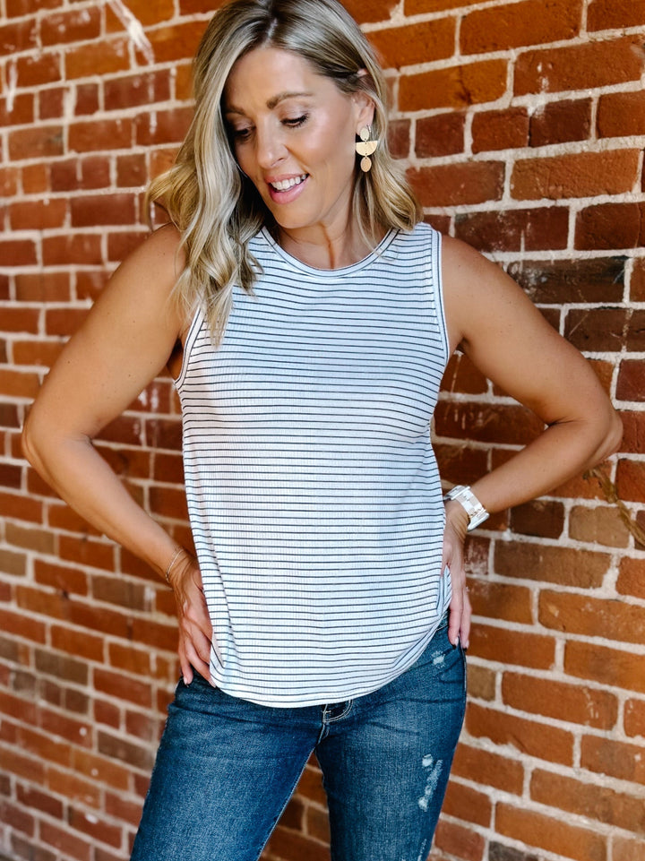 Euclid Stripe Ribbed Tank, White/Black
