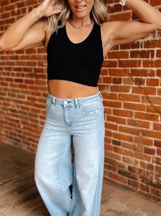 Everyday V-Neck Ribbed Crop Brami, Black