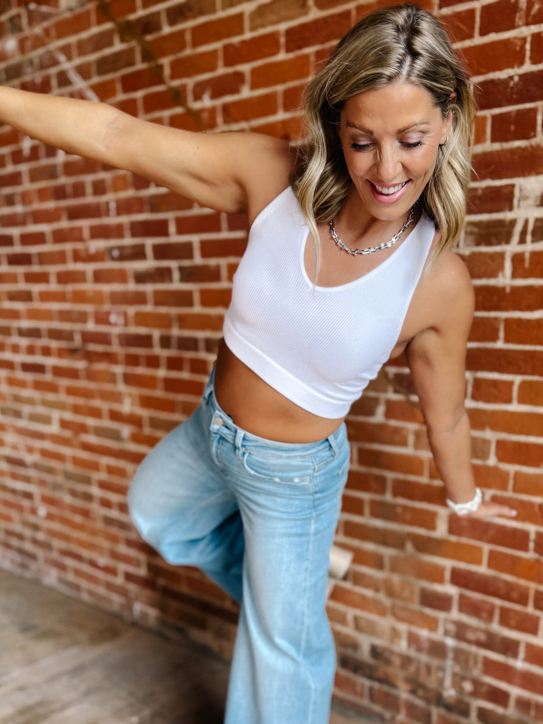 Everyday V-Neck Ribbed Crop Brami, White