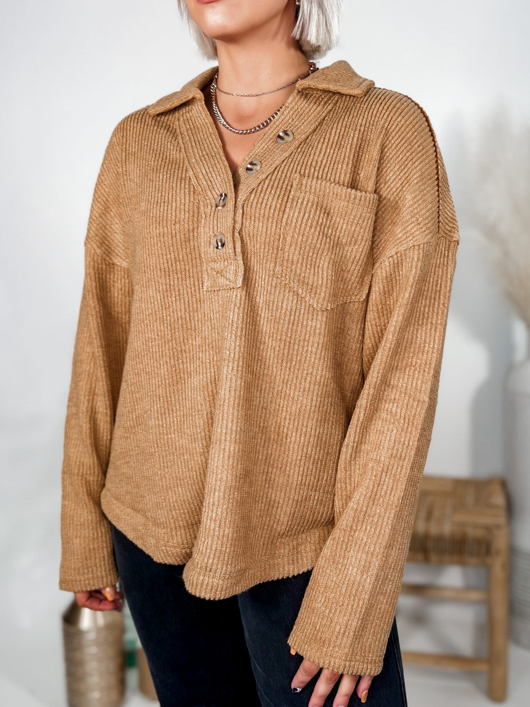 Plan on It Collared Long Sleeve Top, Camel