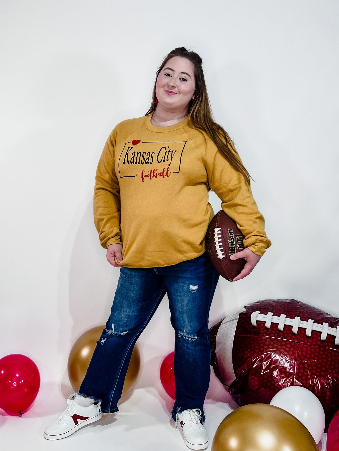 Love Kansas City Football Sweatshirt in Heathered Mustard with Red Accents