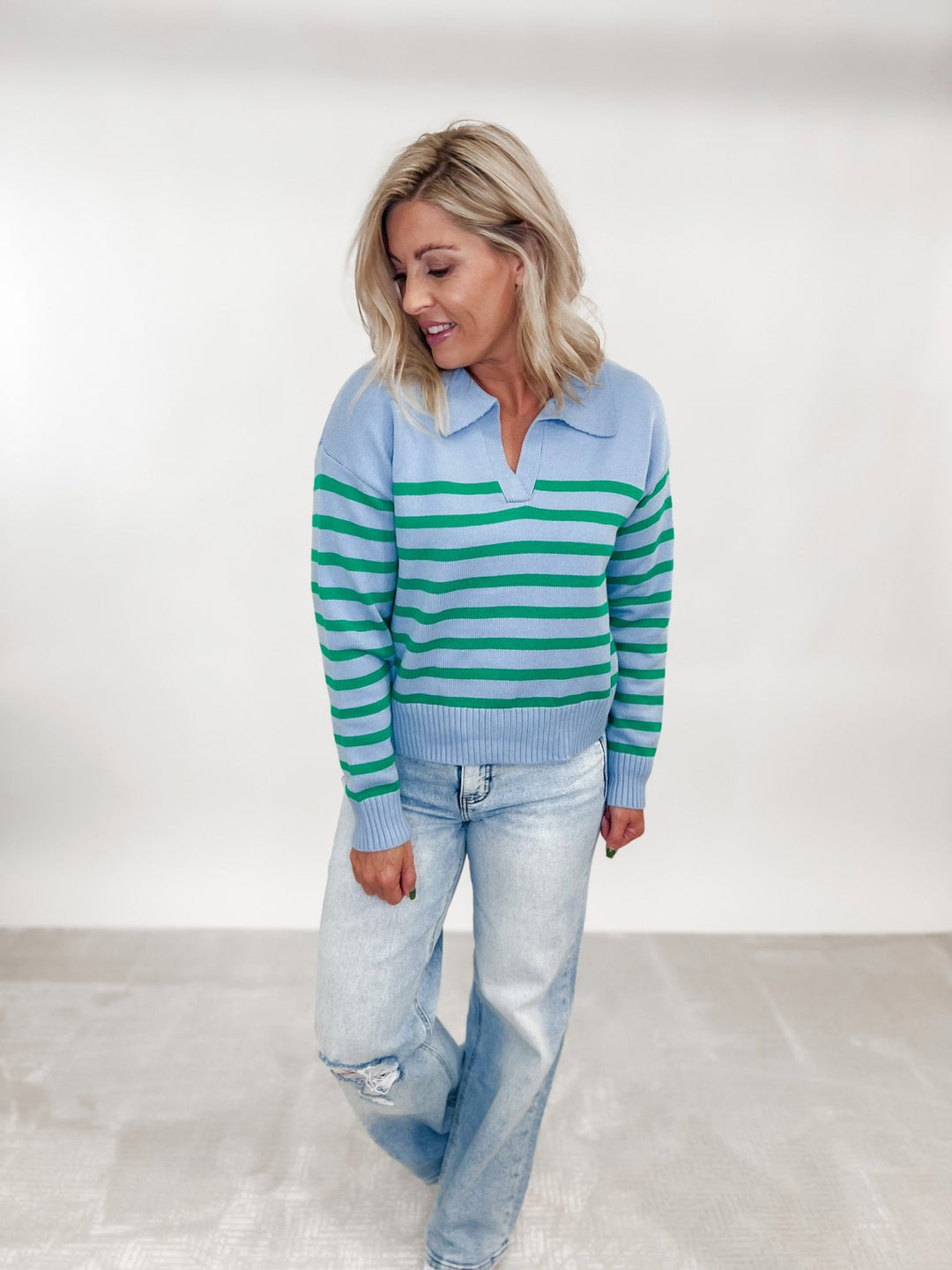 Fall Breeze Relaxed Striped Collared Sweater, Sky/Green