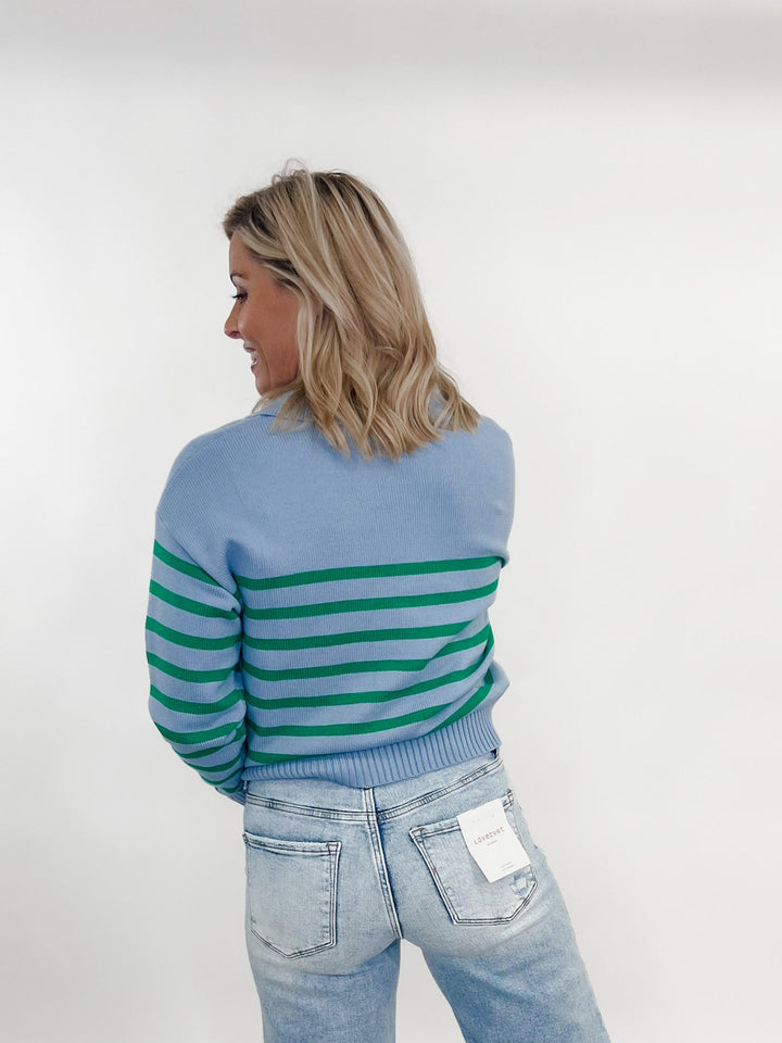 Fall Breeze Relaxed Striped Collared Sweater, Sky/Green