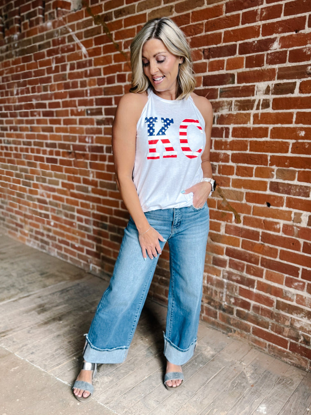 Flag Distressed KC Rocker Tank, White