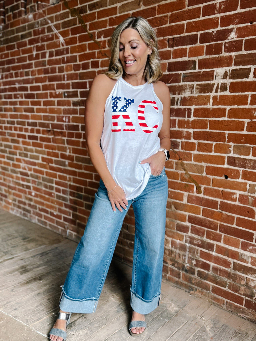 Flag Distressed KC Rocker Tank, White