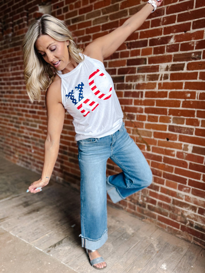 Flag Distressed KC Rocker Tank, White