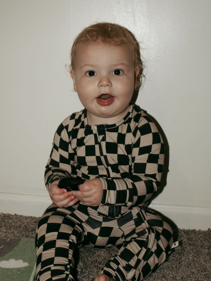 Forever French Baby Bamboo Zip Pajamas, Black Checkered