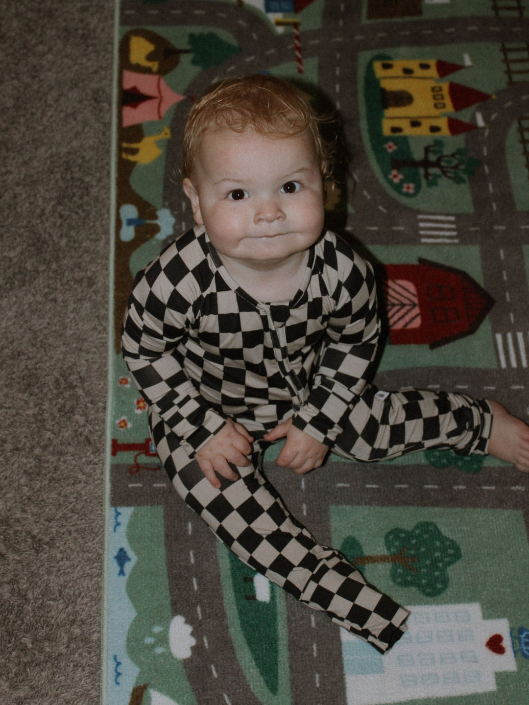 Forever French Baby Bamboo Zip Pajamas, Black Checkered