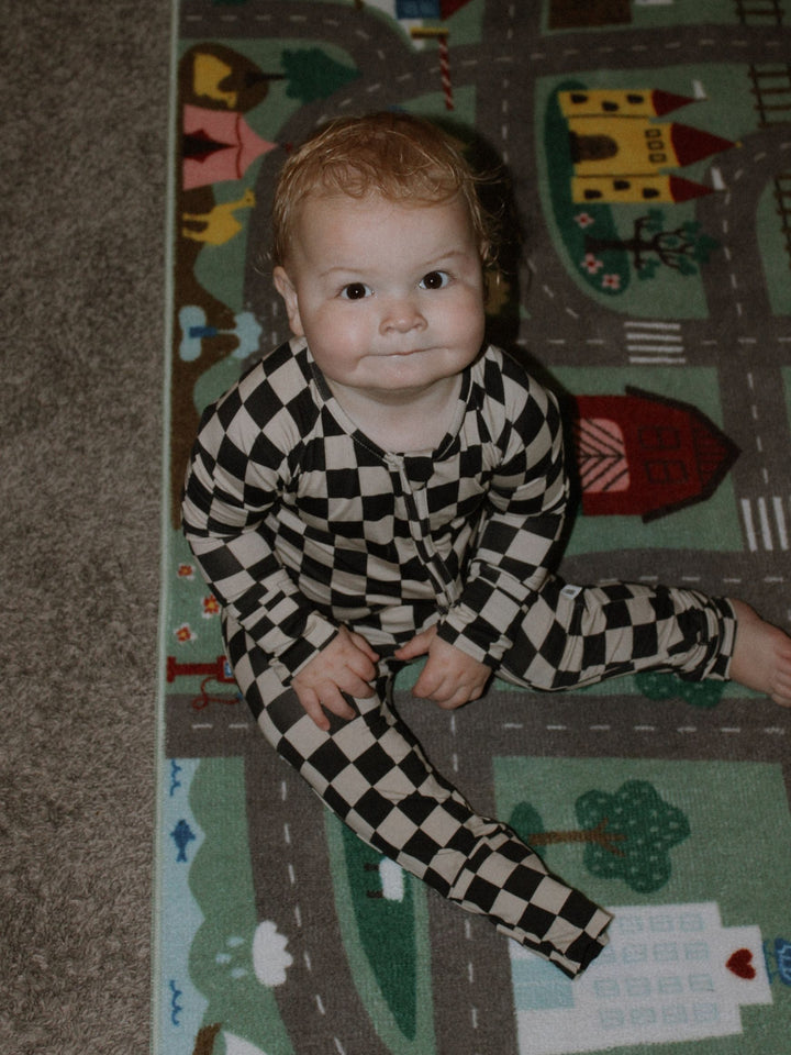 Forever French Baby Bamboo Zip Pajamas, Black Checkered
