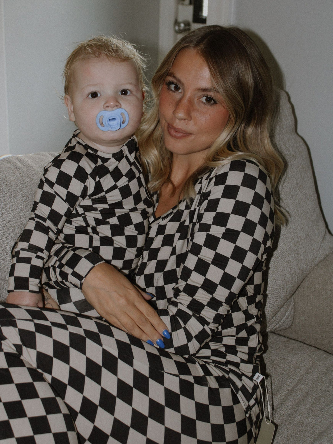 Forever French Baby Bamboo Zip Pajamas, Black Checkered