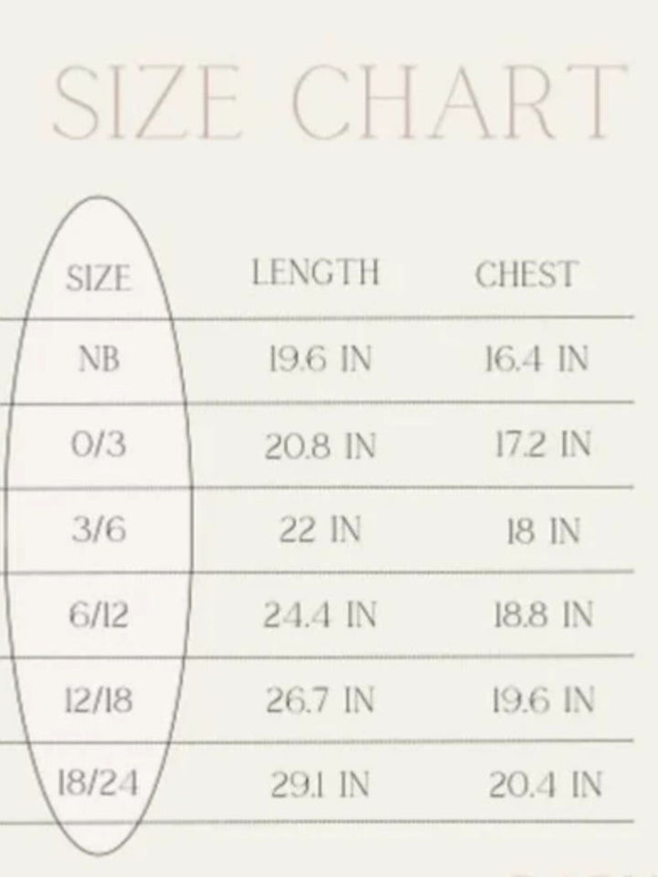 Forever French Baby Sizing chart