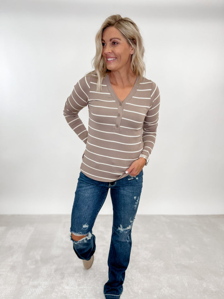 Frankie Long Sleeve Stripe Top, Mink White Swan