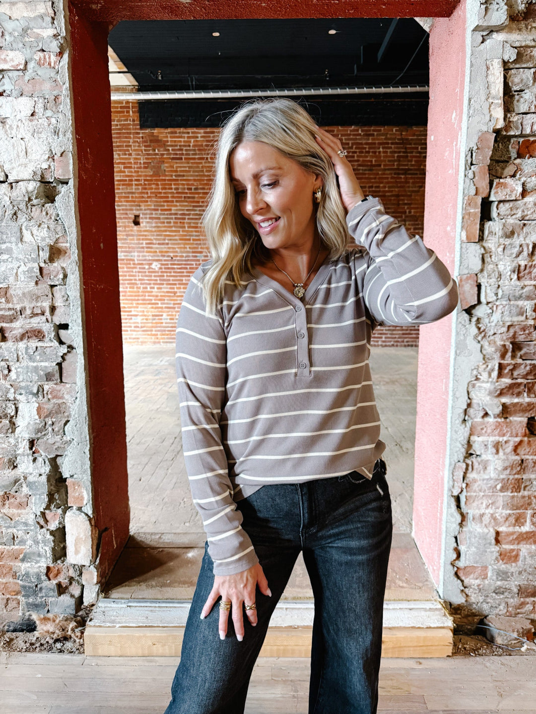 Frankie Long Sleeve Stripe Top, Mink White Swan