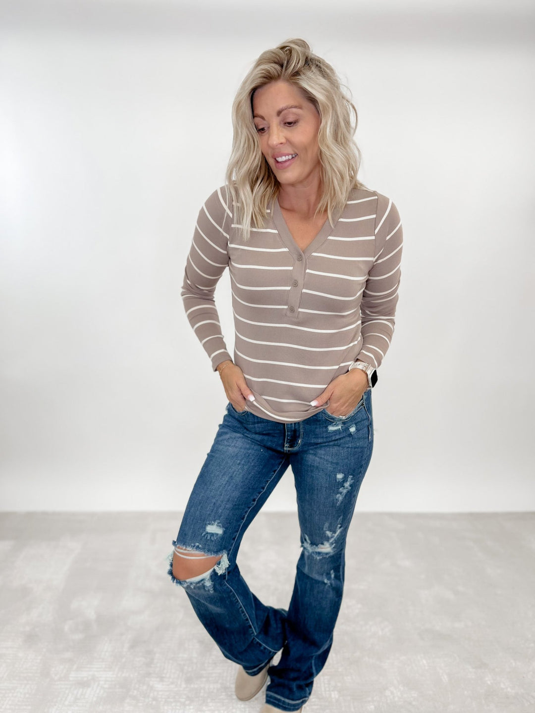 Frankie Long Sleeve Stripe Top, Mink White Swan