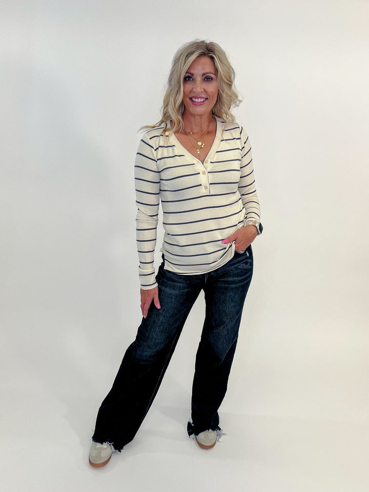 Frankie Long Sleeve Stripe Top, Parchment Ash