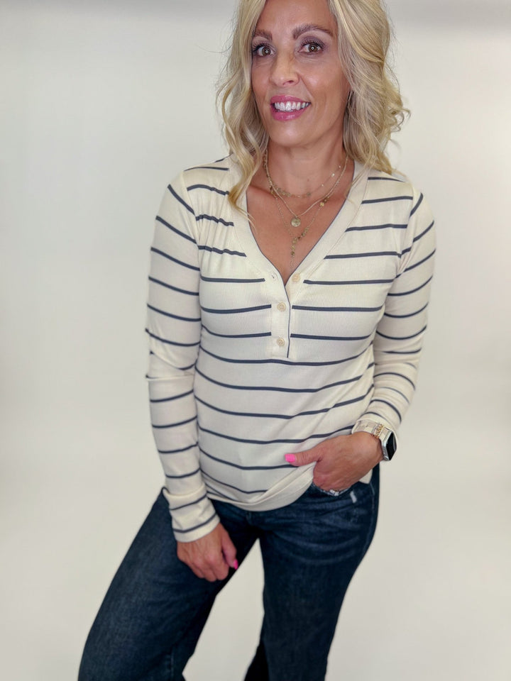 Frankie Long Sleeve Stripe Top, Parchment Ash