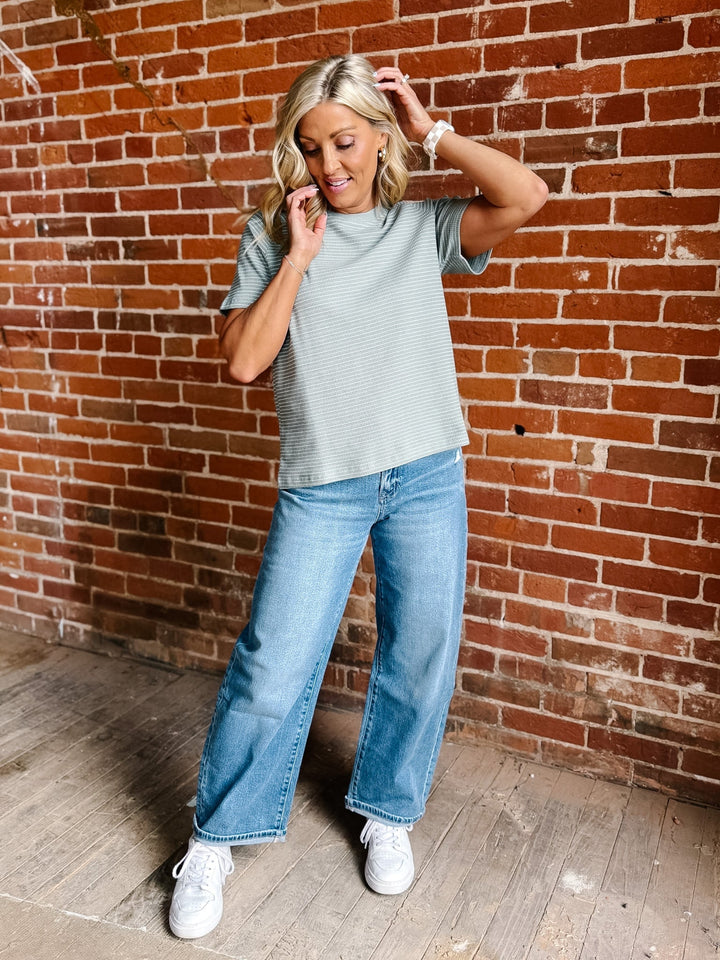Fresh Air Striped Short Sleeve Top, Sage Green