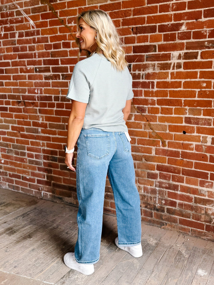 Fresh Air Striped Short Sleeve Top, Sage Green