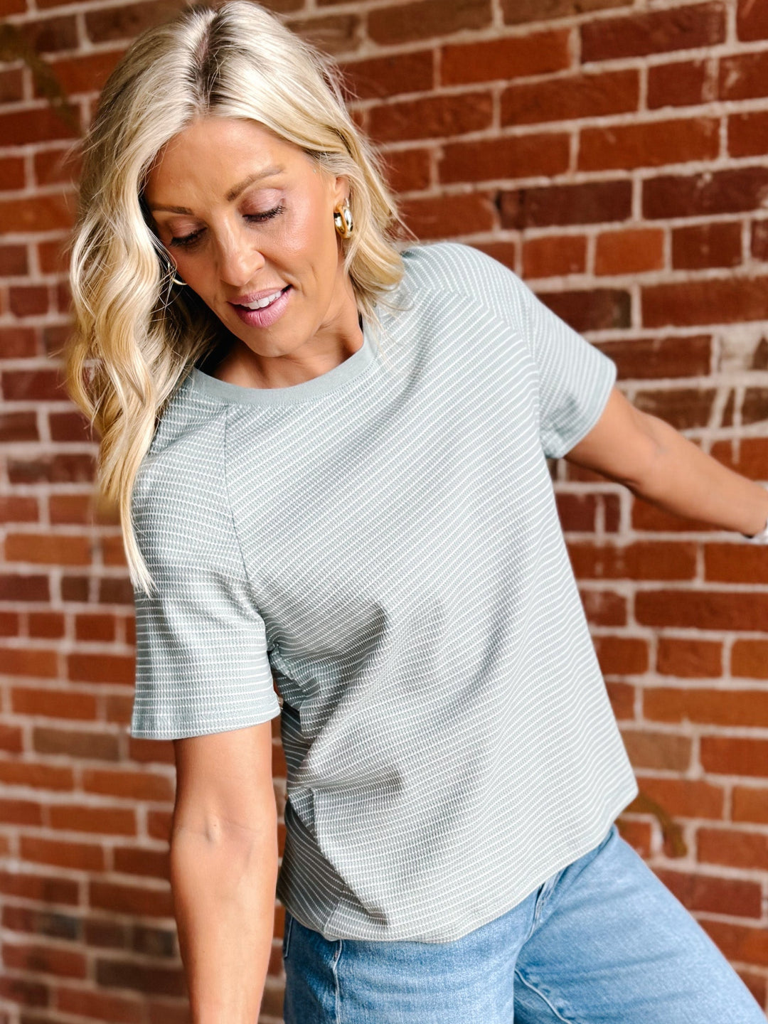 Fresh Air Striped Short Sleeve Top, Sage Green