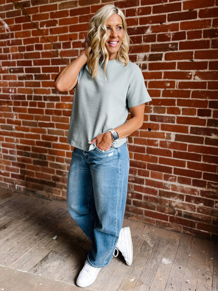 Fresh Air Striped Short Sleeve Top, Sage Green