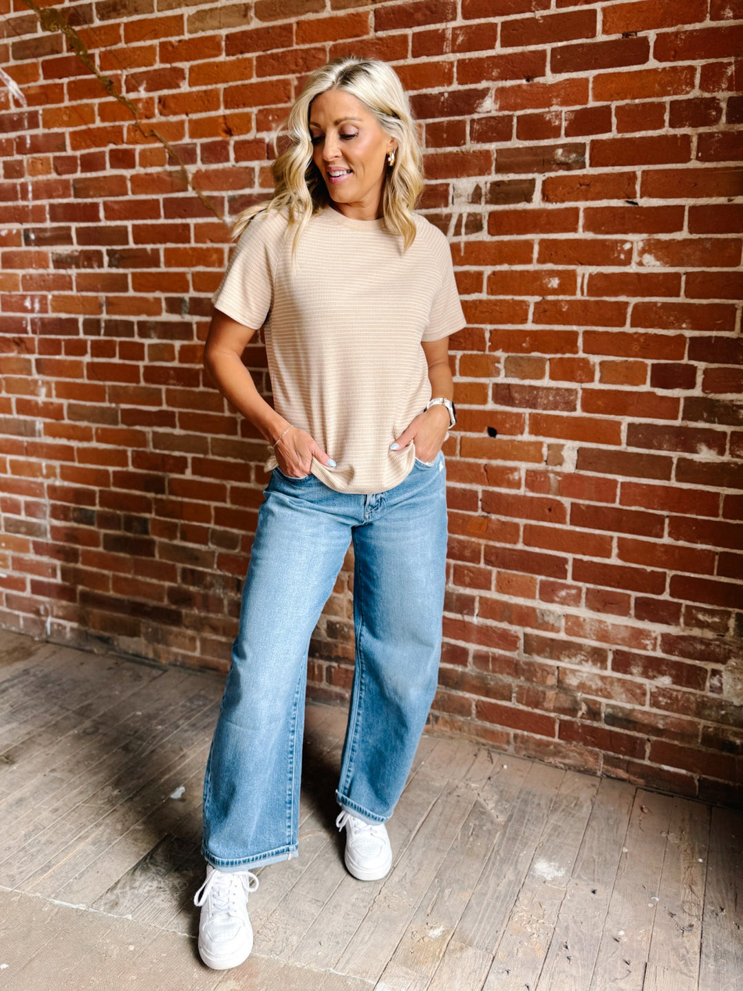 Fresh Air Striped Short Sleeve Top, Taupe