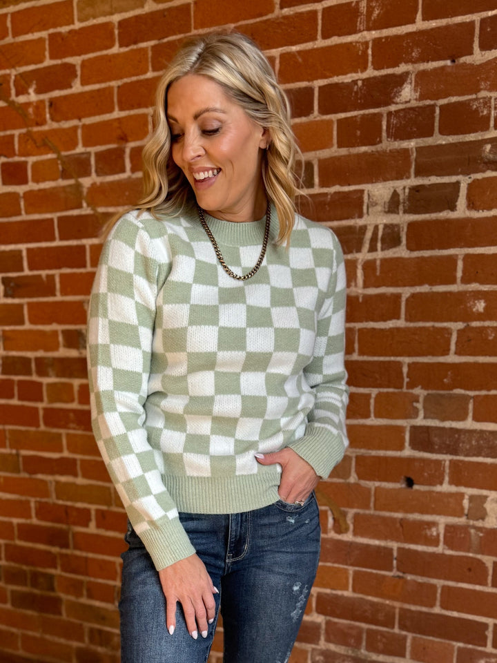Fresh Perspective Checkered Sweater, Sage