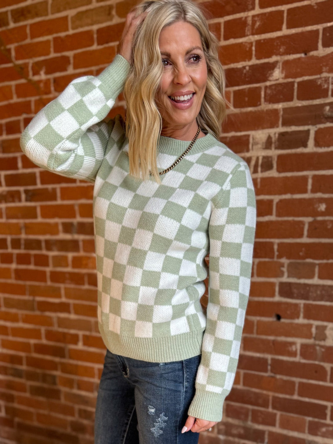 Fresh Perspective Checkered Sweater, Sage