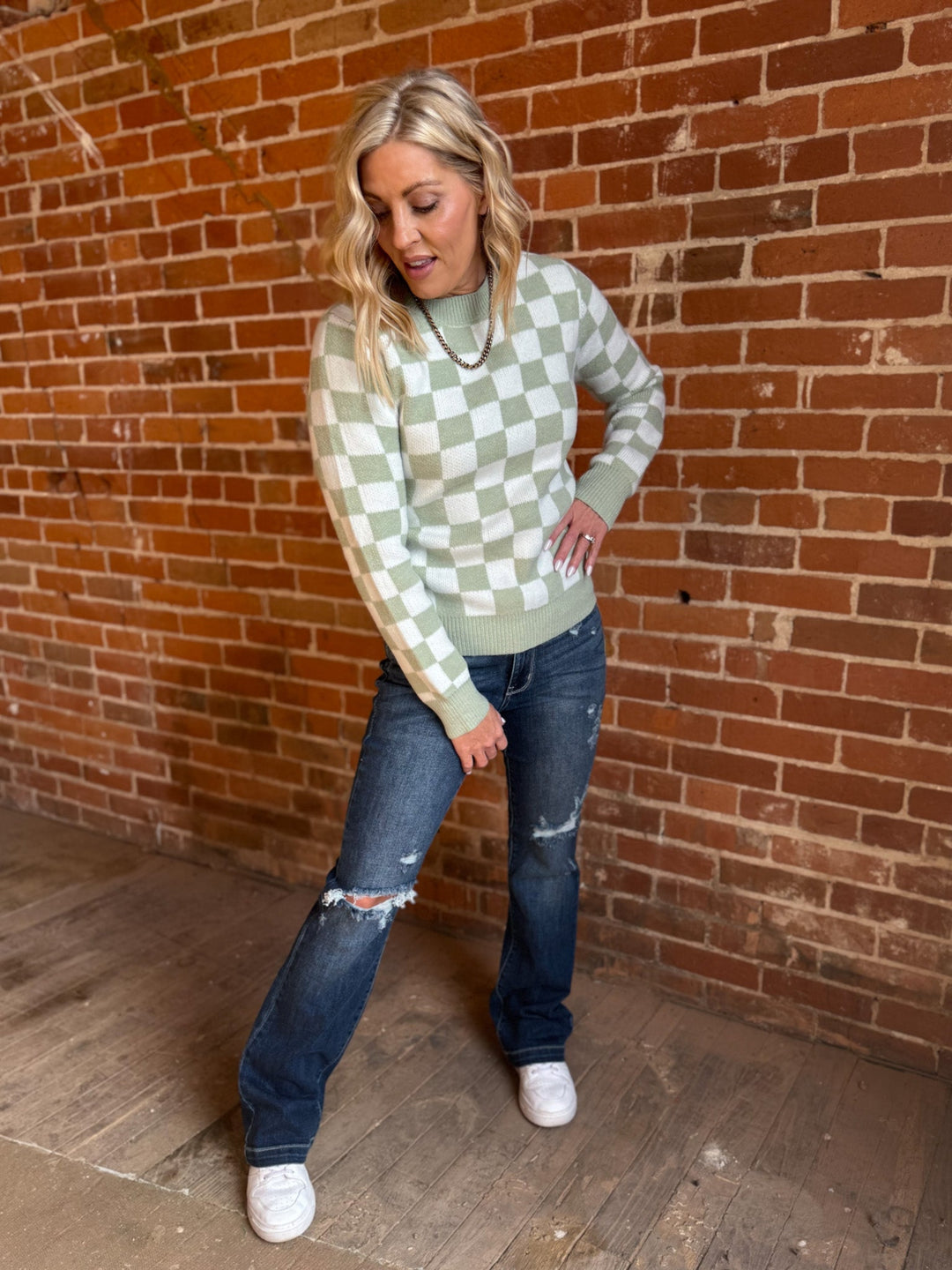 Fresh Perspective Checkered Sweater, Sage
