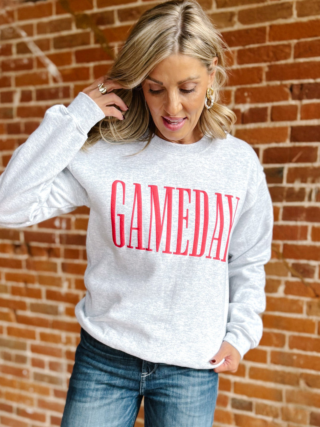 Gameday Red Puff Ink Sweatshirt, Heather Grey