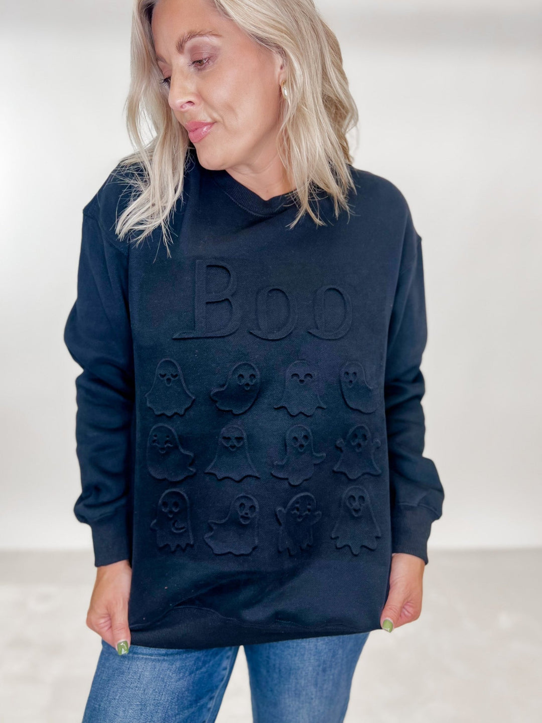 Ghostly Boo Embossed Sweatshirt, Black