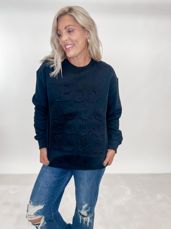 Ghostly Boo Embossed Sweatshirt, Black