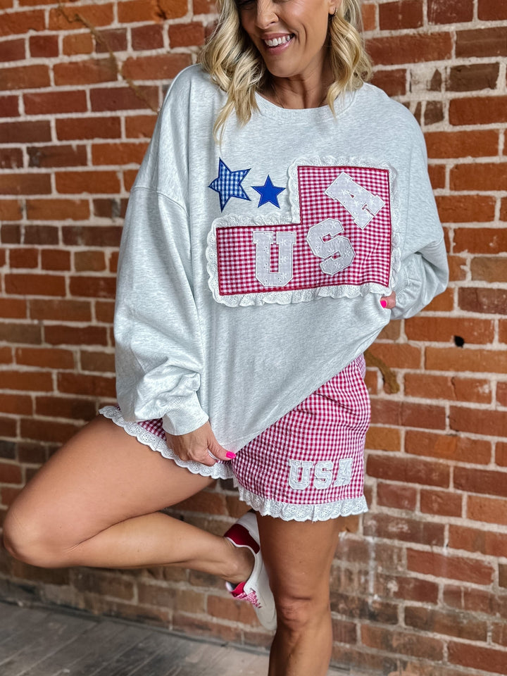 Gingham Charm USA Sweatshirt, Heather Grey