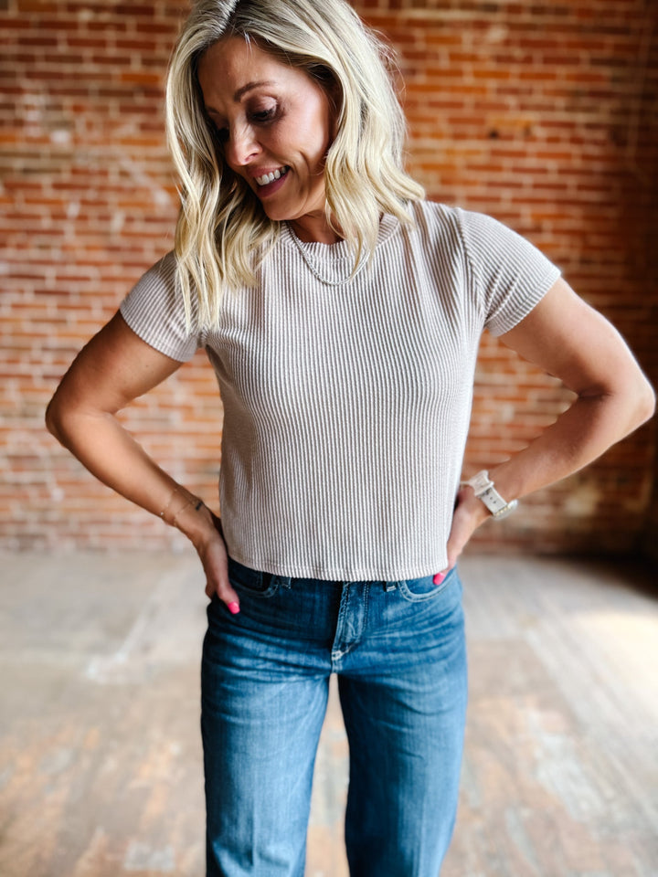 Girl Next Door Cropped Ribbed Tee, Oatmeal
