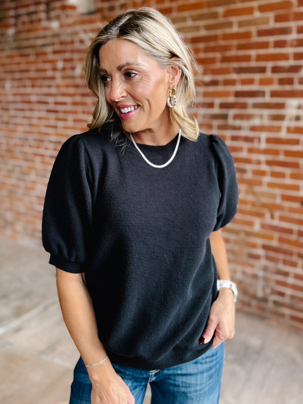 Good Vibrations Cloudy Knit Puff Sleeve Top, Black