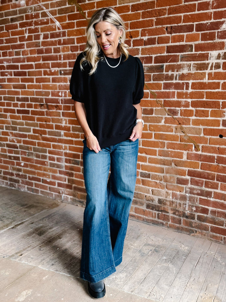 Good Vibrations Cloudy Knit Puff Sleeve Top, Black