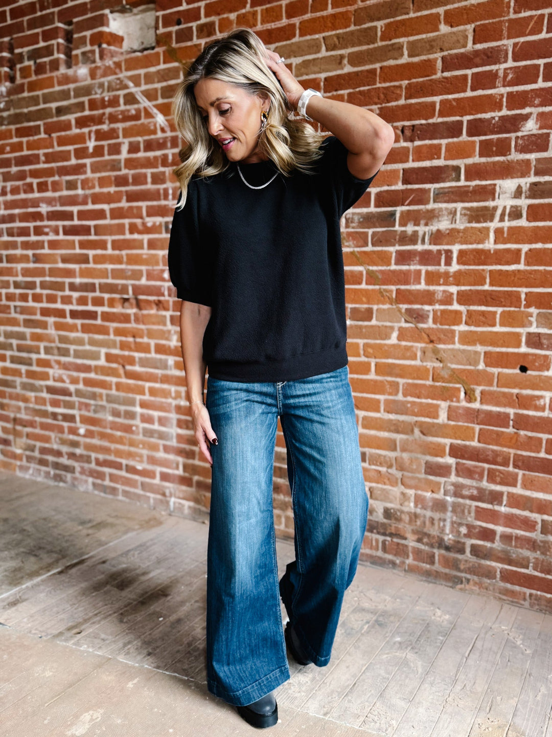 Good Vibrations Cloudy Knit Puff Sleeve Top, Black