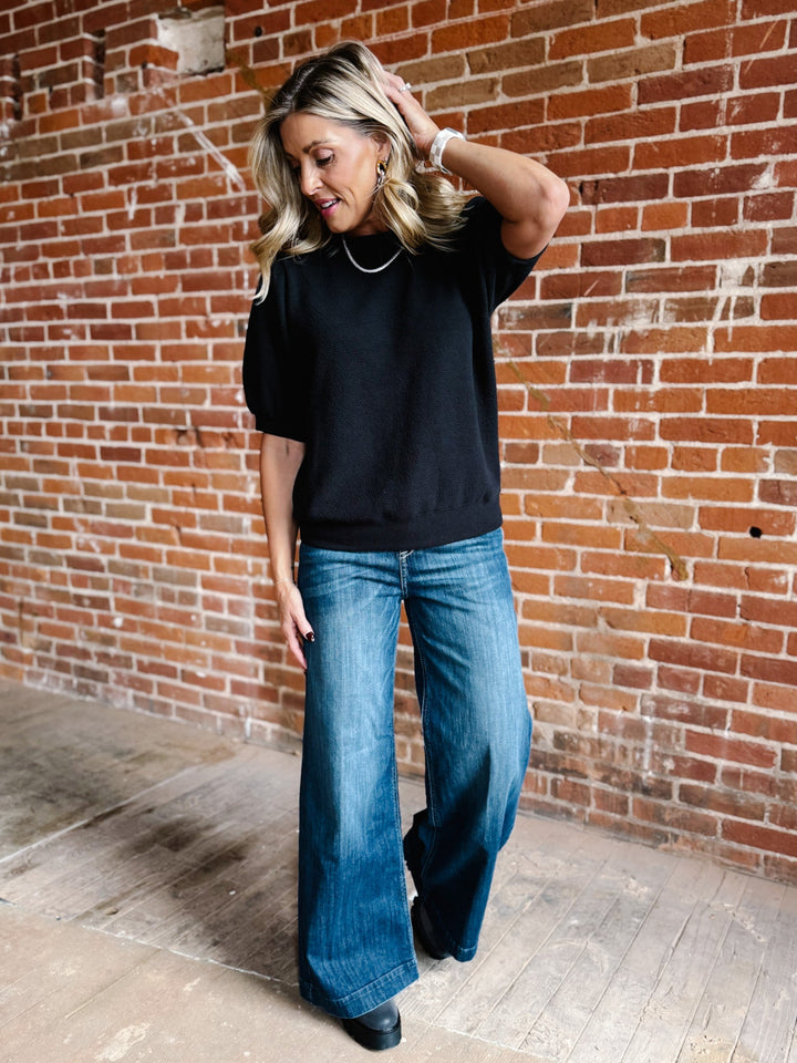 Good Vibrations Cloudy Knit Puff Sleeve Top, Black