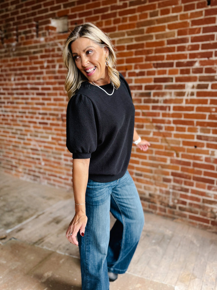 Good Vibrations Cloudy Knit Puff Sleeve Top, Black