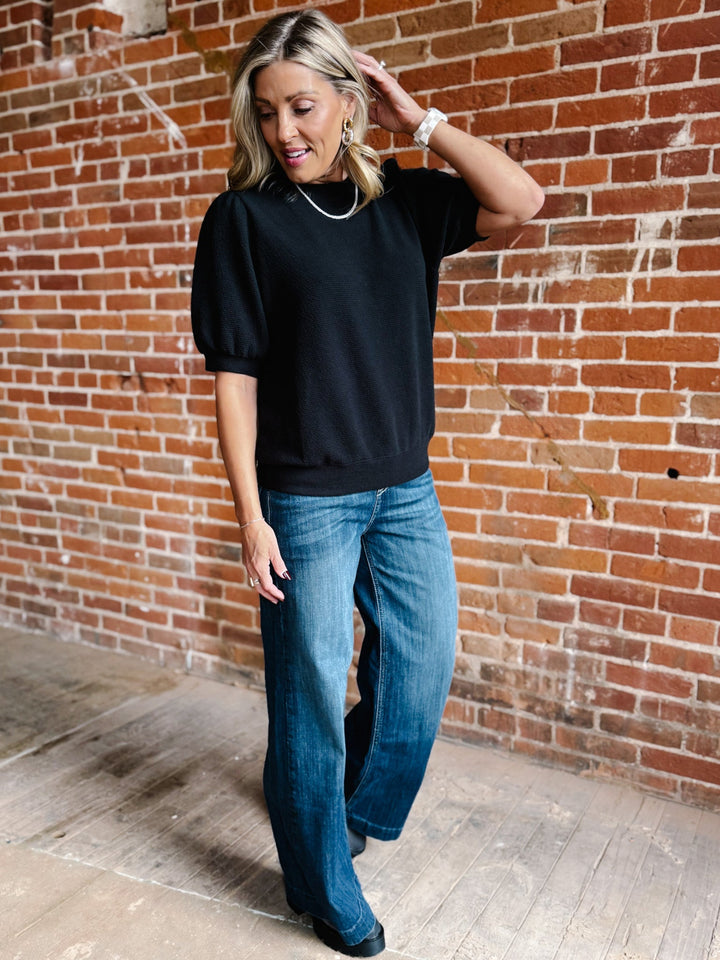 Good Vibrations Cloudy Knit Puff Sleeve Top, Black