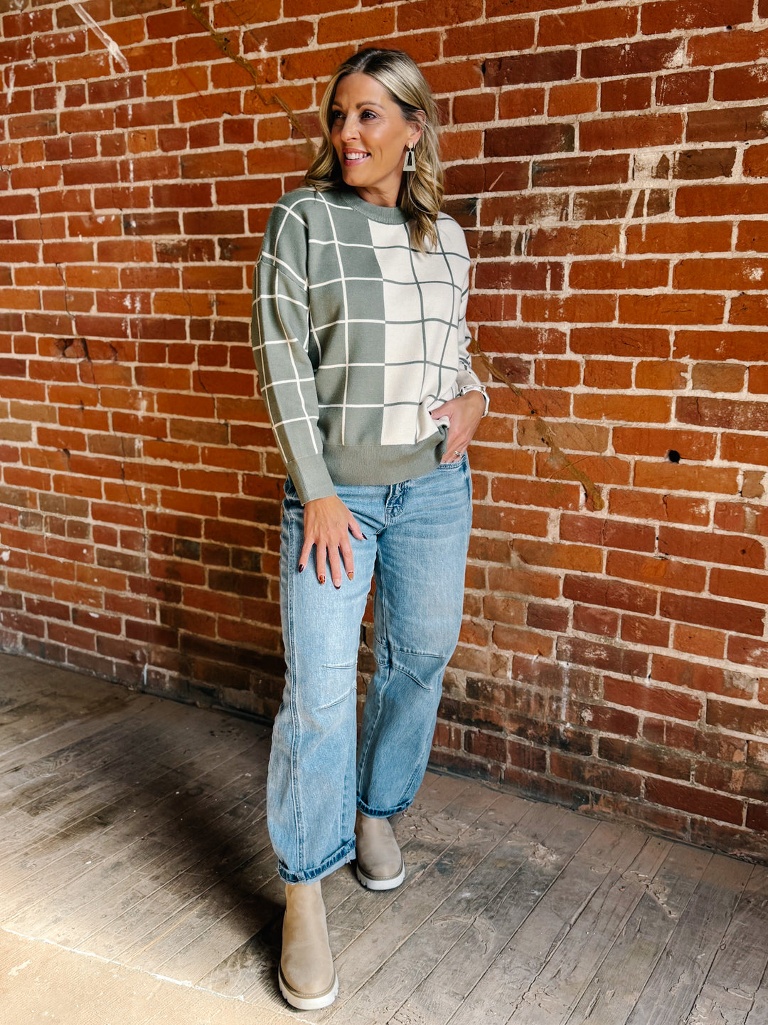 Half & Half Windowpane Sweater, Olive & Cream