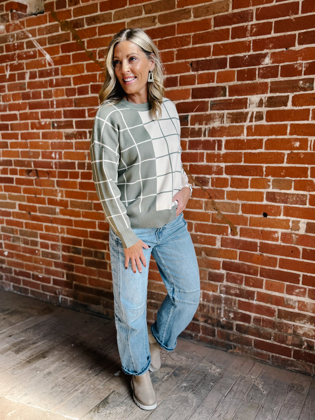 Half & Half Windowpane Sweater, Olive & Cream