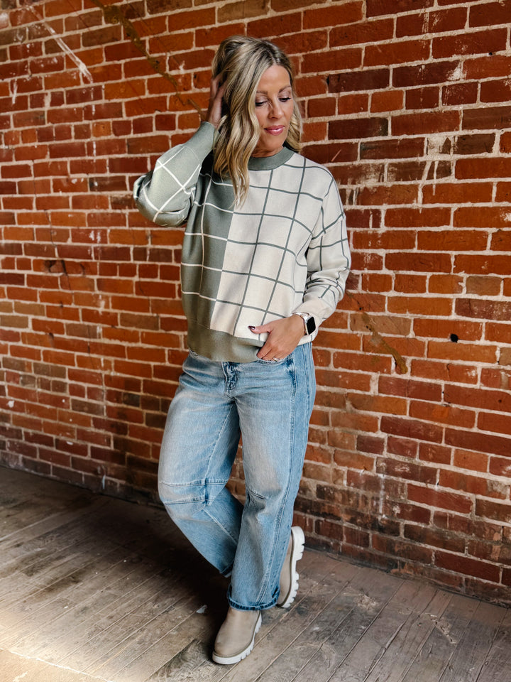 Half & Half Windowpane Sweater, Olive & Cream