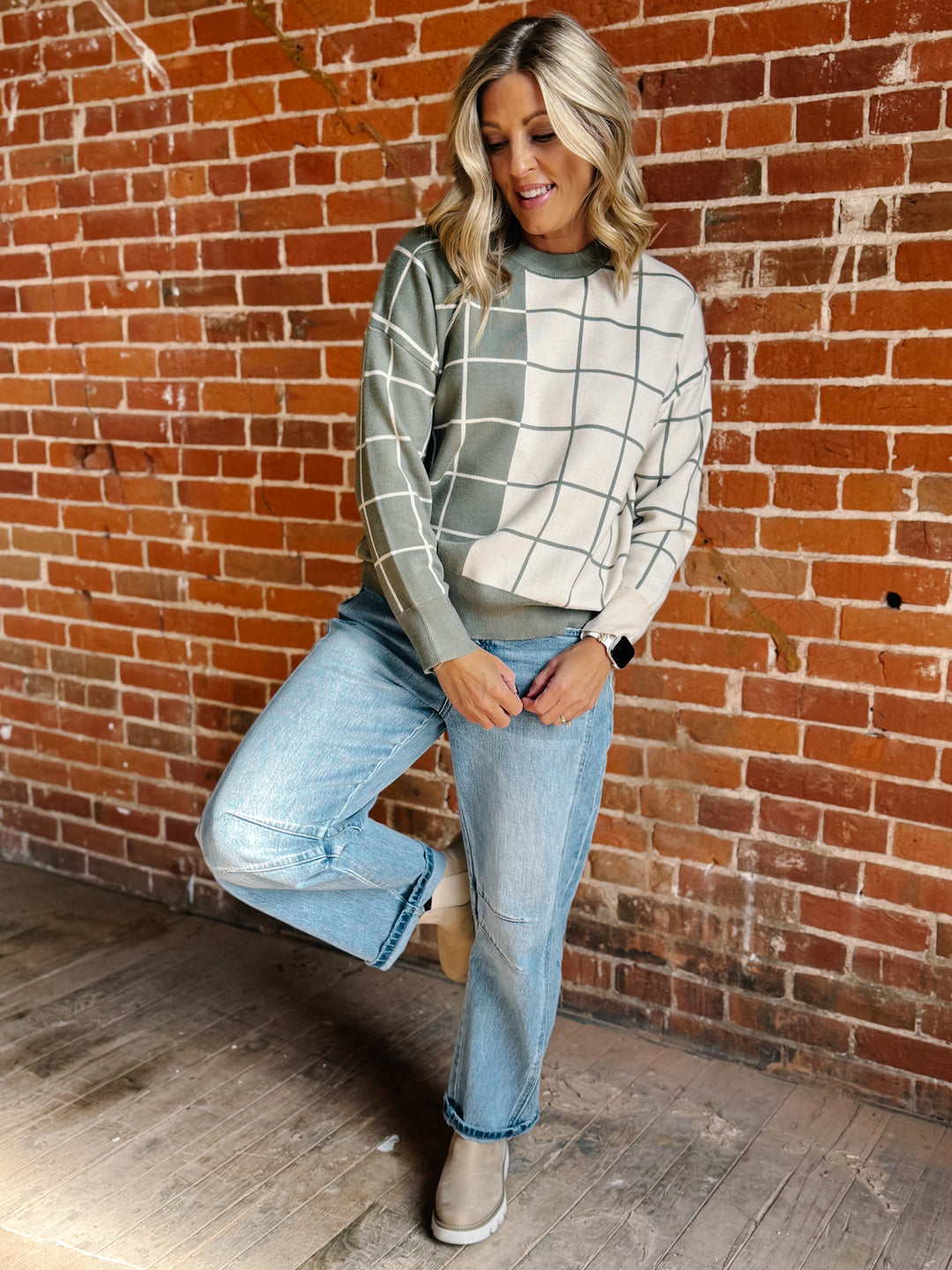 Half & Half Windowpane Sweater, Olive & Cream